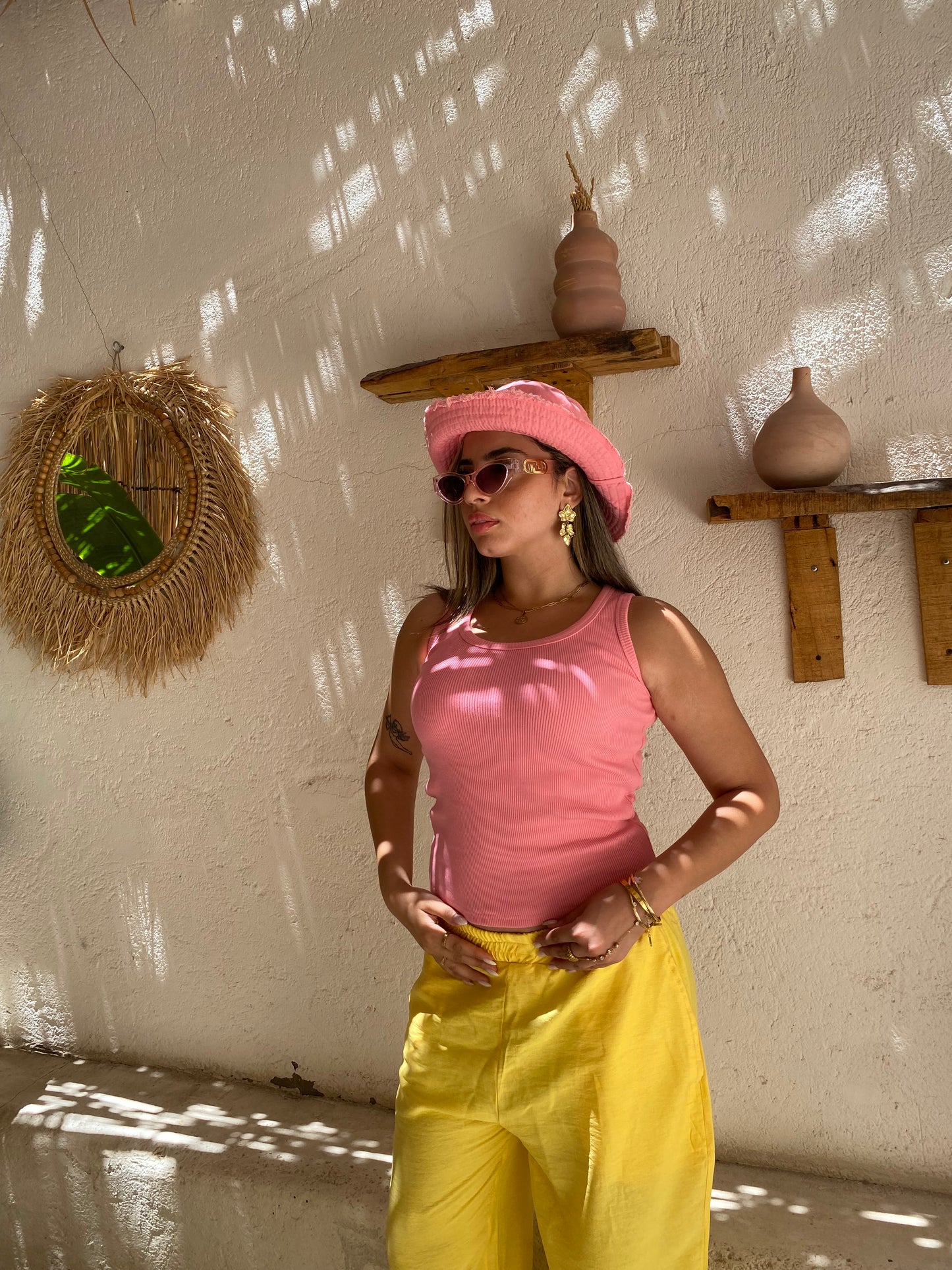 Pink U-Shaped Ribbed Tank Top