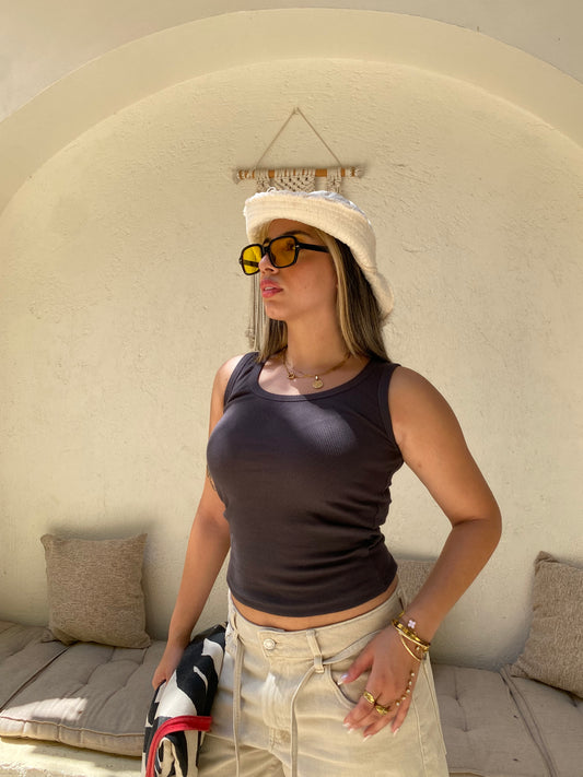 Dark Grey U-Shaped Ribbed Tank Top
