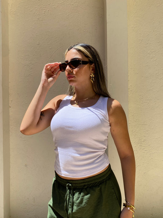 White U-Shaped Ribbed Tank Top