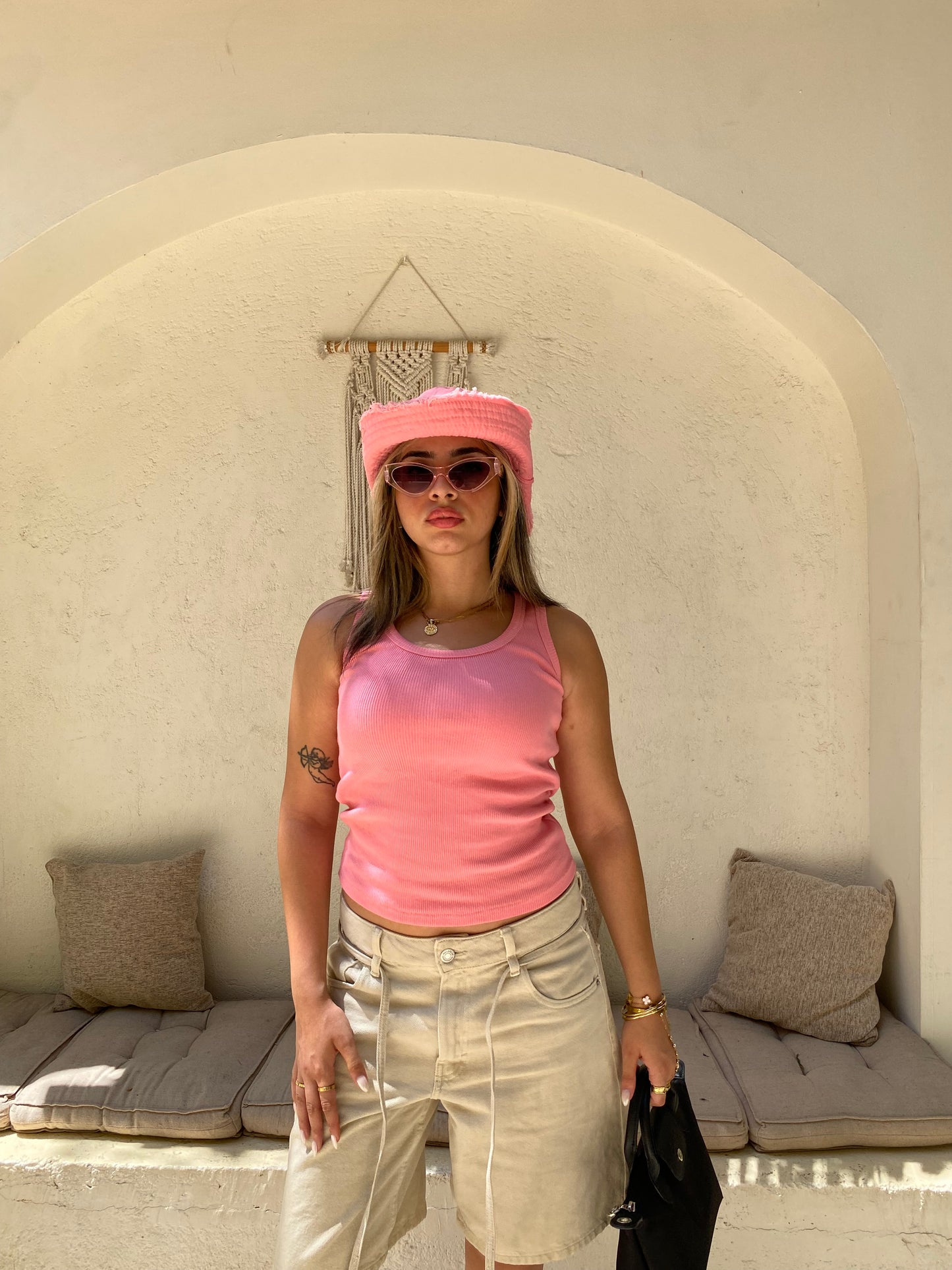 Pink U-Shaped Ribbed Tank Top
