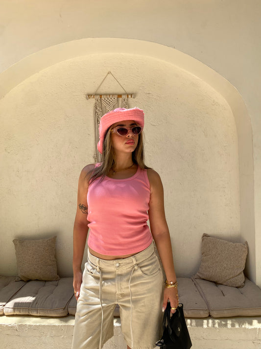 Pink U-Shaped Ribbed Tank Top
